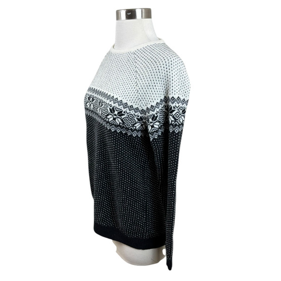 L.L. Bean 100% Cashmere Black White Fair Isle Crewneck Sweater Cozy Classic S - Picture 2 of 4